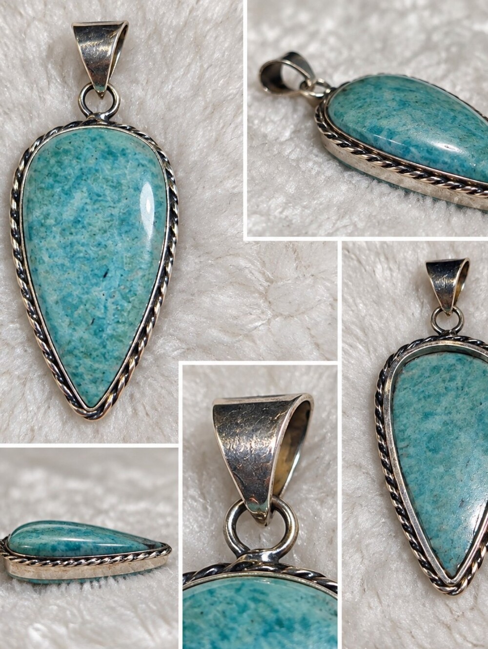 Amazonite Gemstone Teardrop Pendant 1.5" Silver Tone